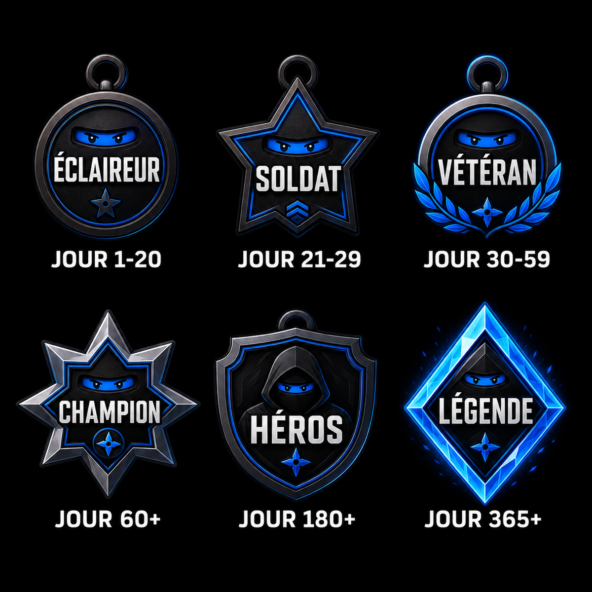 Grades LOCK IN — Éclaireur, Soldat, Vétéran, Champion, Héros, Légende